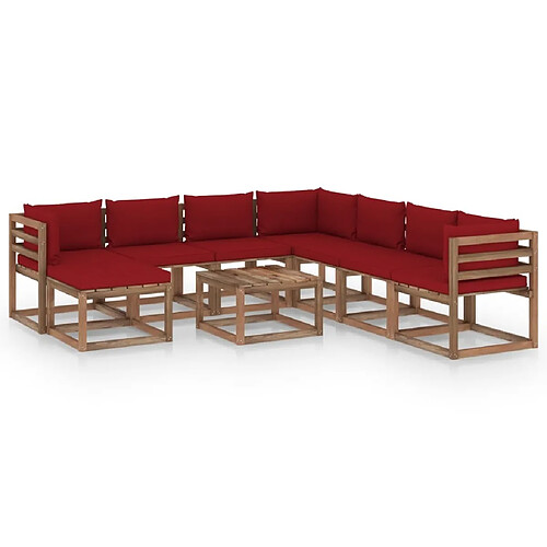 vidaXL Salon de jardin 9 pcs avec coussins Rouge bordeaux