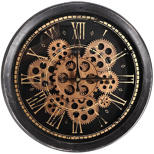 Horloge murale, ronde, engrenages mobiles or noir 35 cm