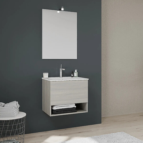 Kiamami Valentina MEUBLE DE BAIN AVEC LAVABO SUSPENDU 60 CM EN GRIS CLAIR ASPECT BOIS | VENEZIA