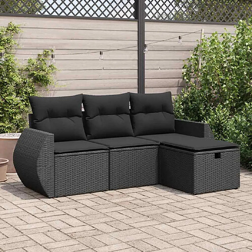 vidaXL Salon de jardin 4 pcs avec coussins noir résine tressée