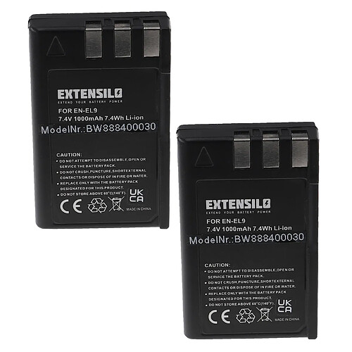 Vhbw EXTENSILO 2x Batteries compatible avec Nikon D40 SLR, D40x DSLR, D60 DSLR, D3000, D5000 appareil photo, reflex numérique (1000mAh, 7,4V, Li-ion)