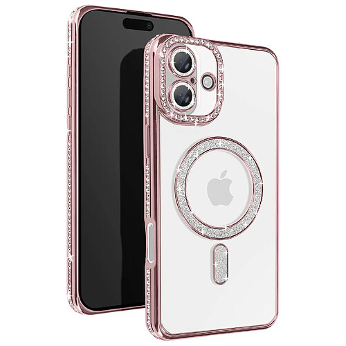 Avizar Coque Diamant pour iiPhone 16 Plus Protection MagSafe Contour Strass Rose Champagne