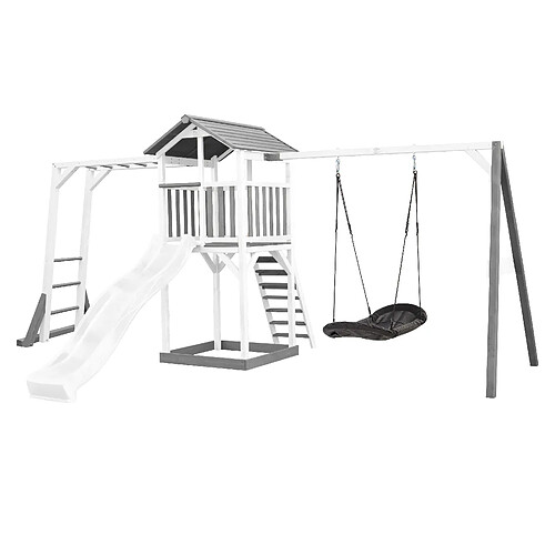 AXI Beach Tower Aire de Jeux avec Toboggan en BLANC, Cadre d'escalade, Balançoire Nid d'oiseau noir & Bac à Sable | Grande Maison enfant extérieur en gris & BLANC | Cabane de Jeu en Bois FSC