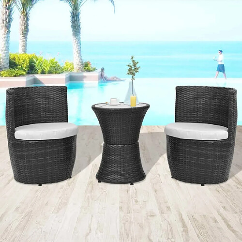 vidaXL Mobilier de bistro 3 pcs avec coussins Résine tressée Noir