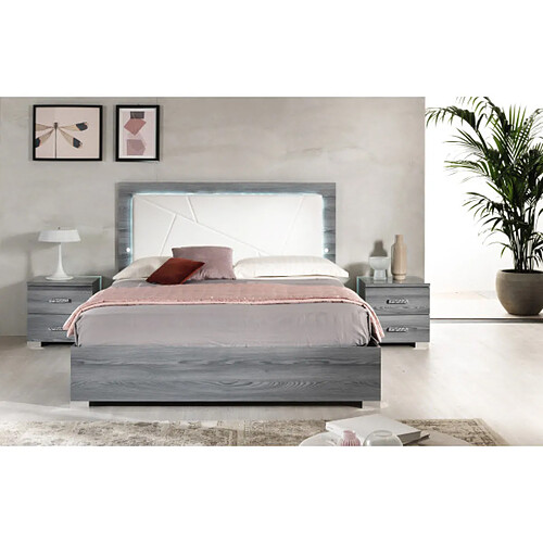 Dansmamaison Cadre + tête de lit 160x200 Bois gris/Simili cuir blanc à LEDs - FENY