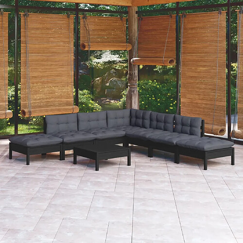 vidaXL Salon de jardin 8 pcs avec coussins Noir Bois de pin