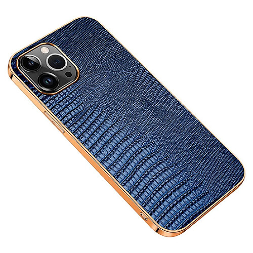 Coque en TPU + cuir véritable électroplaqué, texture lézard, antichute pour votre iPhone 14 Pro - bleu