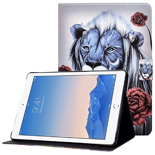 Etui en PU fermoir magnétique avec support et porte-cartes pour votre iPad Air (2013)/Air 2/9.7-pouces (2017)/(2018) - Rose et lion