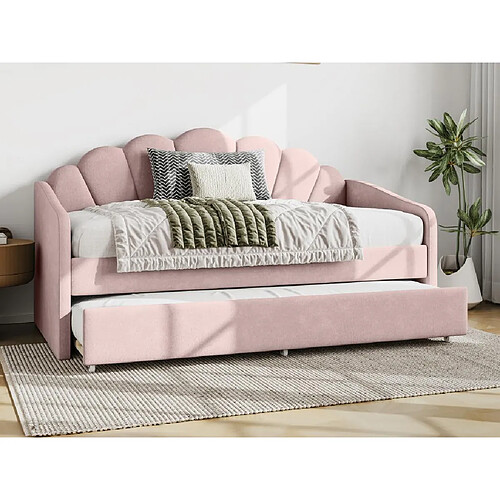 Vente-Unique Lit gigogne coquillage 2 x 90 x 190 cm - Velours - Rose + Matelas - ELUSIA