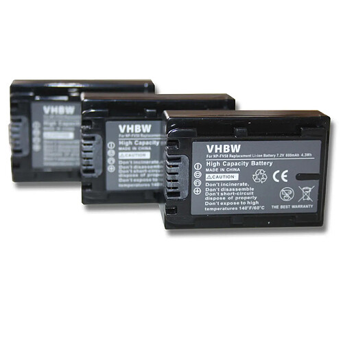 vhbw 3x Li-Ion batterie 600mAh (7.2V) pour appareil numérique camescope Sony PXW-X70 remplace NP-FV30, NP-FV40.