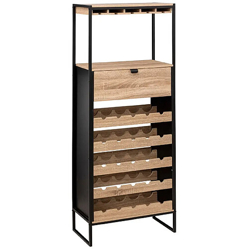 Pegane Meuble bar, porte-bouteilles en aggloméré naturel avec pieds en métal noir - Longueur 60 x Profondeur 30 x Hauteur 160 cm