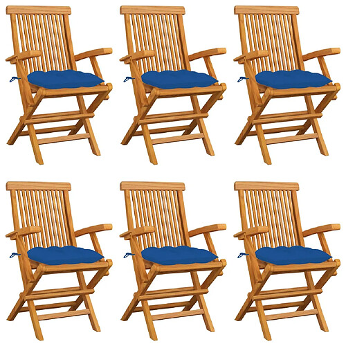 vidaXL Chaises de jardin avec coussins bleu lot de 6 Bois teck massif