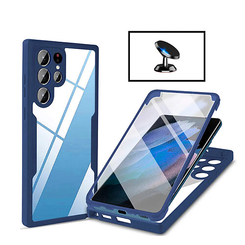 PHONECARE Kit Coque Anti-Crash 360 Protection + Support Magnétique de Voiture pour Samsung Galaxy S22 Ultra 5G - Bleu Foncé