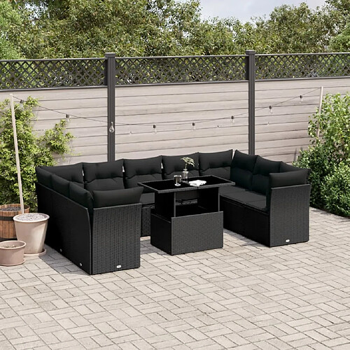 vidaXL Salon de jardin 10 pcs avec coussins noir résine tressée