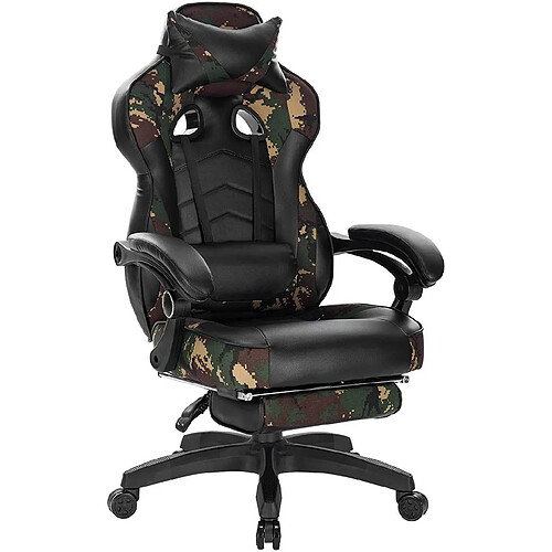 Helloshop26 Fauteuils de bureau sport chaise de jeu avec appui-tête coussin lombaire et repose-pieds en cuir synthétique camouflage noir 19_0000081