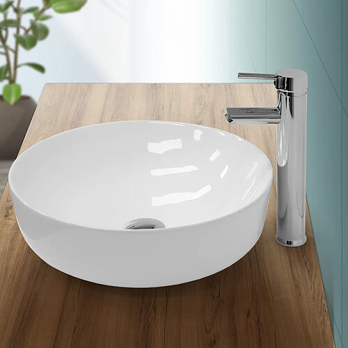 Ecd Germany Lavabo en céramique blanc vasque a poser rond évier design moderne 400x400mm