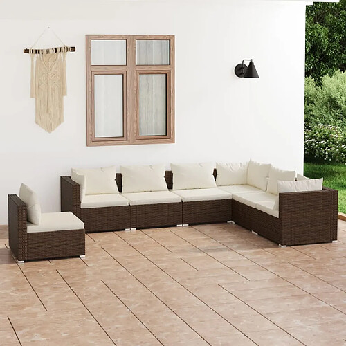 vidaXL Salon de jardin 7 pcs avec coussins Résine tressée Marron