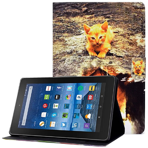 Etui en PU avec support et porte-carte pour votre Amazon Fire HD 8 (2016)/(2017)/(2018) - Chat et lion