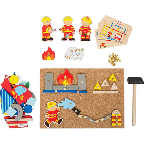 Small Foot Jeu de marteau "Pompiers" en bois avec tableau de liège avec motifs de pompiers pour marteler