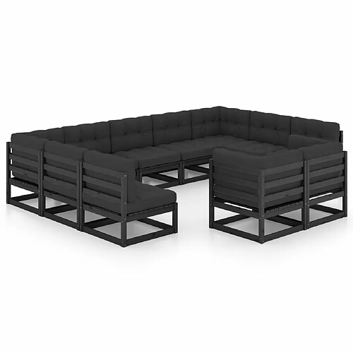 Maison Chic Salon de jardin 11pcs + coussins - Mobilier/Meubles de jardin - Table et chaises d'extérieur noir bois de pin massif -MN75094