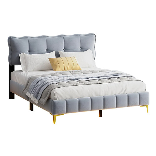 KOMHTOM Lit double rembourré gris 160 x 200 cm, tissu velours avec éclairage LED, cadre à lattes et pieds en métal (matelas non inclus)