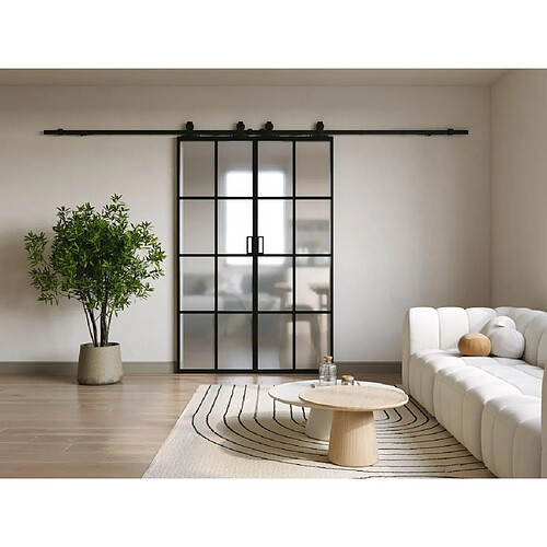 Vente-Unique Porte coulissante double avec système en applique - aluminium et verre trempé dépoli - 2 x H205 x L73 cm - WILDEN II