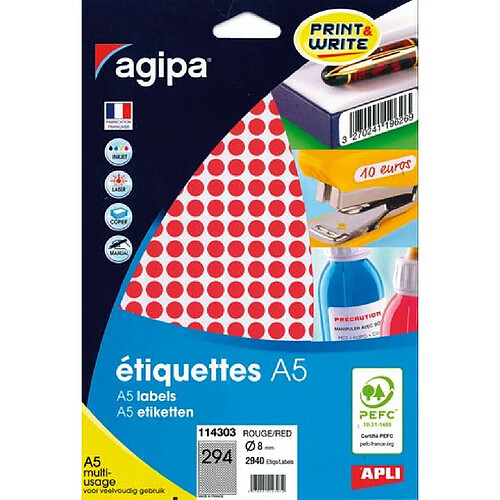 Pastille adhésive Ø 8 mm Agipa 11430 rouge - pochette de 2940