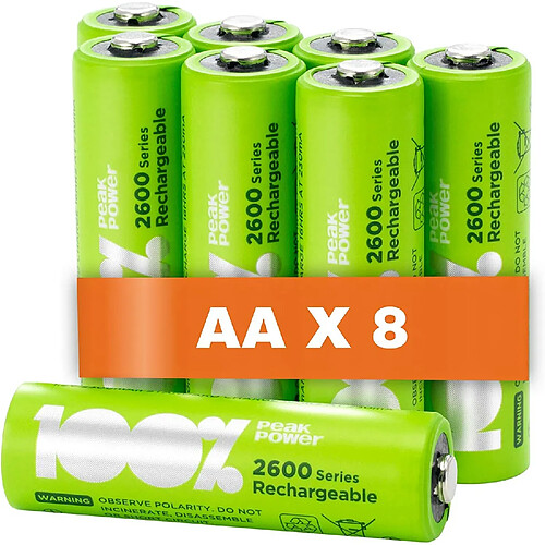 Piles Rechargeables AA - Lot de 8 Piles | 100% PEAKPOWER | Batteries AA LR6 Rechargeables 1.2v Minh 2300 mAh | Pré-Chargées