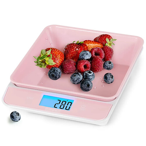 Duronic KS100 PK Balance de cuisine rose | Capacité de 5 kg | Bol de 1,2L inclus | Large écran rétroéclairé | Fonction d'ajout de poids | 4 capteurs précis | Idéale pour la pâtisserie ou comme balance postale