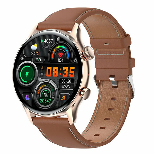 Hk8Pro Nfc Smart Watch Synchronisé Bluetooth Appel Sport Musique Smartwatch Ceinture En Cuir Marron Doré