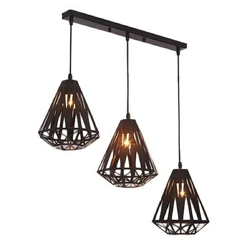 Stoex Suspension Industriel forme diamant lustre abat-jour avec barre 3 luminaire E27 Noir