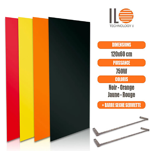 Ilo Radiateur électrique plat panneau rayonnant en verre 120x60cm 750W convertible en sèche serviette