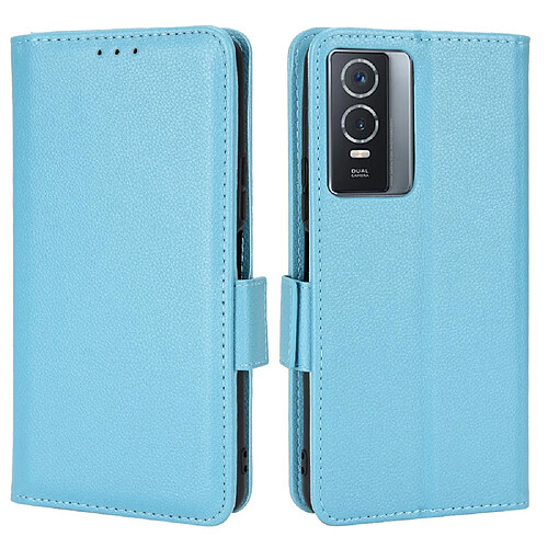 Etui en PU texture litchi, double fermoir avec support, bleu clair pour votre Vivo Y76 5G/Y76s 5G