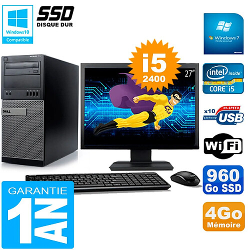 PC Tour DELL 7010 Ecran 27" Core I5-2400 RAM 4Go Disque 960 Go SSD Wifi W7 · Occasion