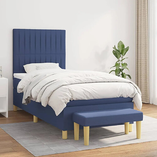 vidaXL Sommier à lattes de lit avec matelas Bleu 90x190 cm Tissu