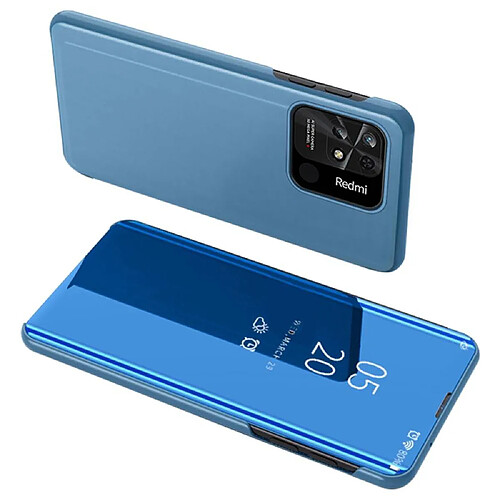 Htdmobiles Housse pour Xiaomi Redmi 10C / Poco C40 - etui portefeuille miroir clear view + verre trempe - BLEU