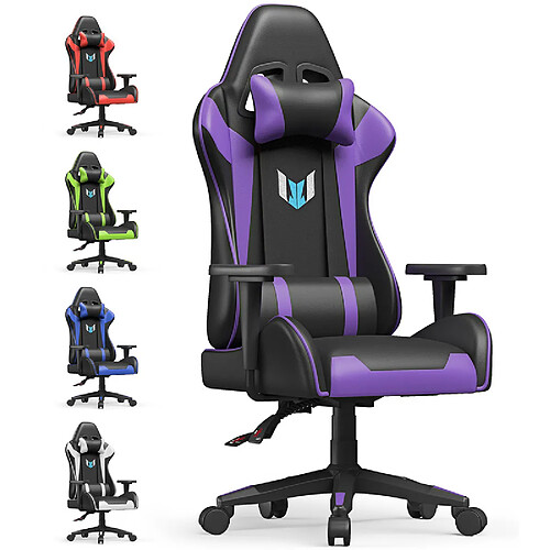 Chaise Gaming - Chaise de jeu Rattantree, chaise de bureau, chaise d'ordinateur, chaise pivotante pour PC robuste, conception ergonomique avec coussin et dossier inclinable, violet