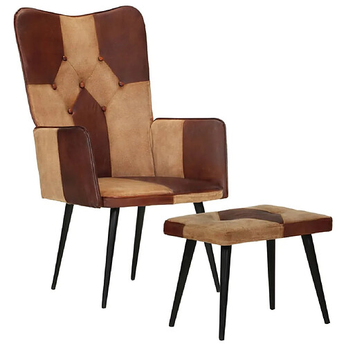 Maison Chic Fauteuil et repose-pieds,Fauteuil luxe pour relax Marron Cuir véritable et toile -MN32684