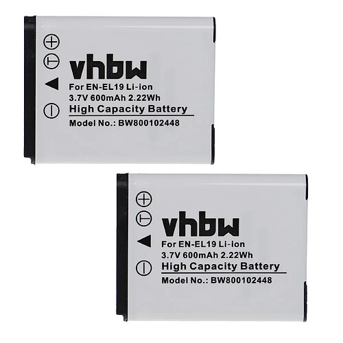 vhbw 2x Batteries remplacement pour Nikon EN-EL19 pour appareil photo, reflex numérique (600mAh, 3,7V, Li-ion)