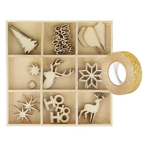 Youdoit Coffret de 27 mini décorations en bois Noël + masking tape doré à paillettes 5 m