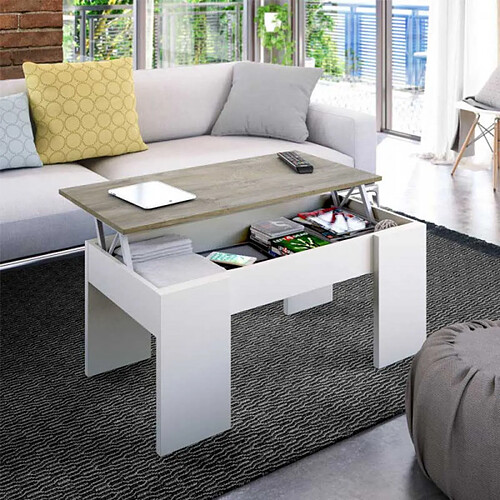 Dansmamaison Table basse relevable Blanc/Chêne - ARTICA