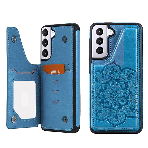 Coque en TPU + PU motif fleur, anti chute avec béquille et porte-cartes bleu pour votre Samsung Galaxy S21 5G