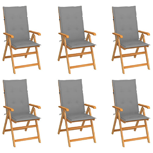 vidaXL Chaises de jardin lot de 6 avec coussins gris Bois teck massif