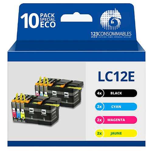 123CONSOMMABLES - LC-12E - Pack 10 cartouches compatibles avec BROTHER MFC-J6925DW LC12E (4 Noir / 2 Cyan / 2 Magenta / 2 Jaune)