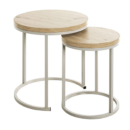 Pegane Lot de 2 tables d'appoints en métal coloris blanc et bois coloris chêne clair