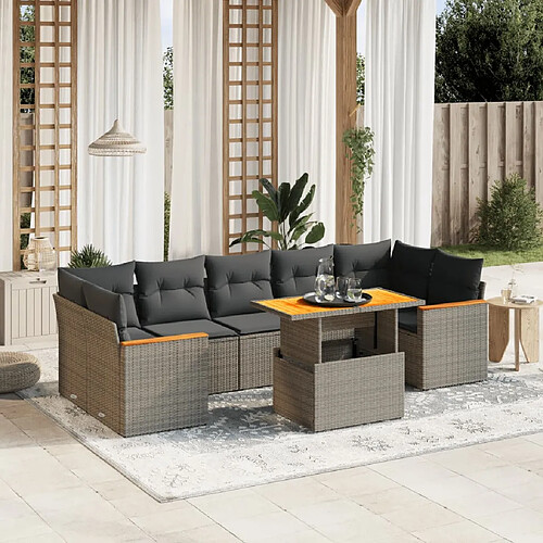 vidaXL Salon de jardin 8 pcs avec coussins gris résine tressée