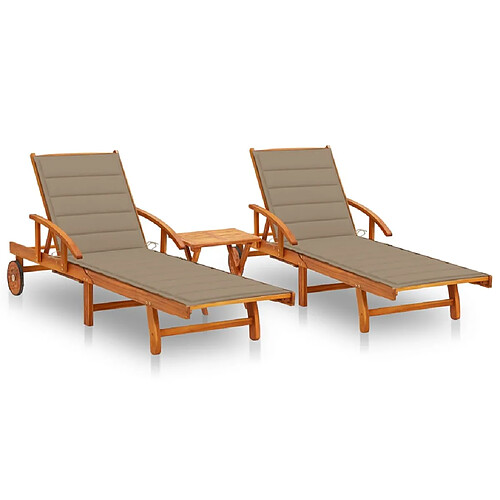 Helloshop26 Lot de 2 transats chaise longue bain de soleil lit de jardin terrasse meuble d'extérieur avec table et coussins acacia solide 02_0012112