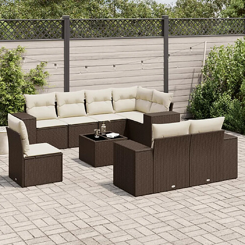 vidaXL Salon de jardin avec coussins 9 pcs marron résine tressée