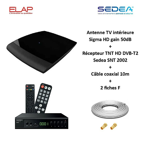 Antenne TV intérieure Sigma HD, UHF 470-790, gain 50dB ELAP + Récepteur TNT HD DVB-T2 Sedea SNT 2002 + Cable coax 10m + 2 fiches F