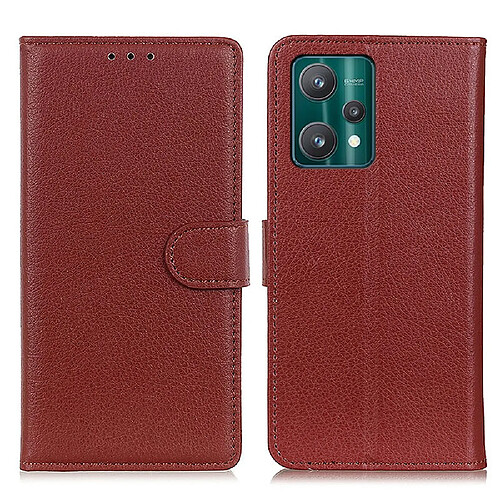 Etui en PU texture litchi, magnétique avec support, marron pour votre Realme 9 Pro